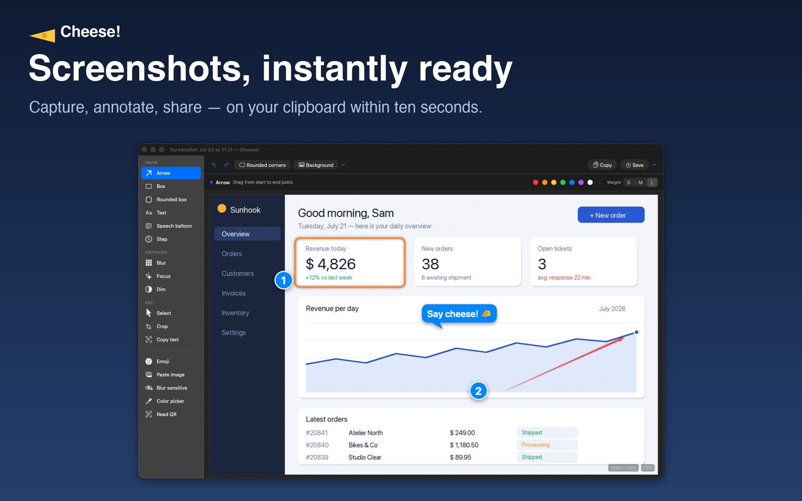 The Cheese! editor with the full toolbar open on a captured dashboard