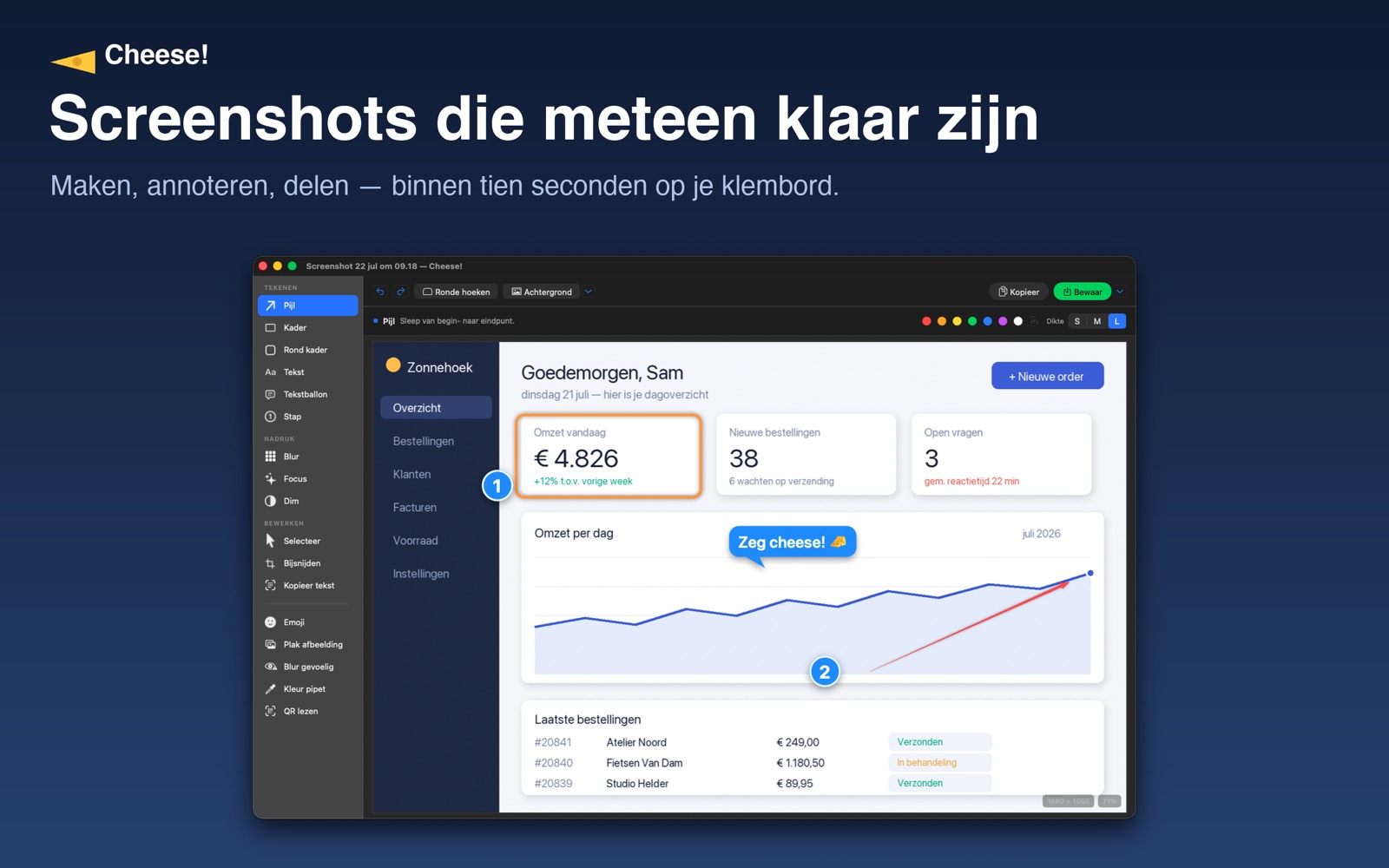 De editor van Cheese! met de volledige gereedschapsbalk open op een screenshot van een dashboard
