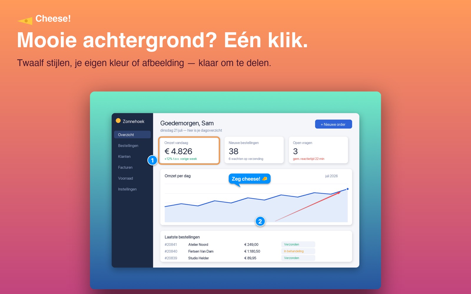 Een screenshot op een kleurrijke achtergrond met schaduw en ronde hoeken