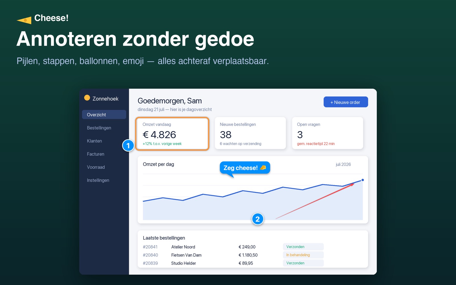 Een screenshot met pijlen, een genummerde stap en een tekstballon erop